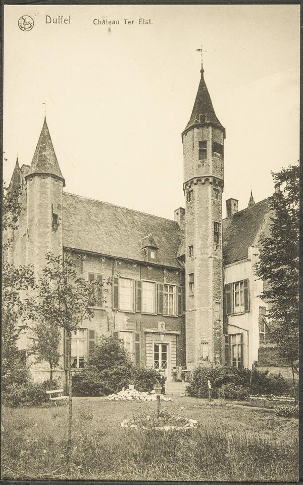 Oude prentkaart van kasteel Ter Elst in Duffel met een torentje en een tuin